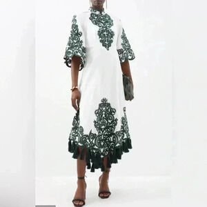 Zimmermann Embroidered Linen Midi Dress 1 S Anneke Tassel Trim Ivory Green $1350